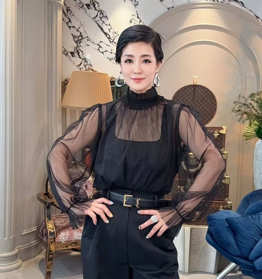 【顾文婷推荐 粉丝必备】RDRBRA 木耳领网纱柔软弹性蕾丝网纱上衣