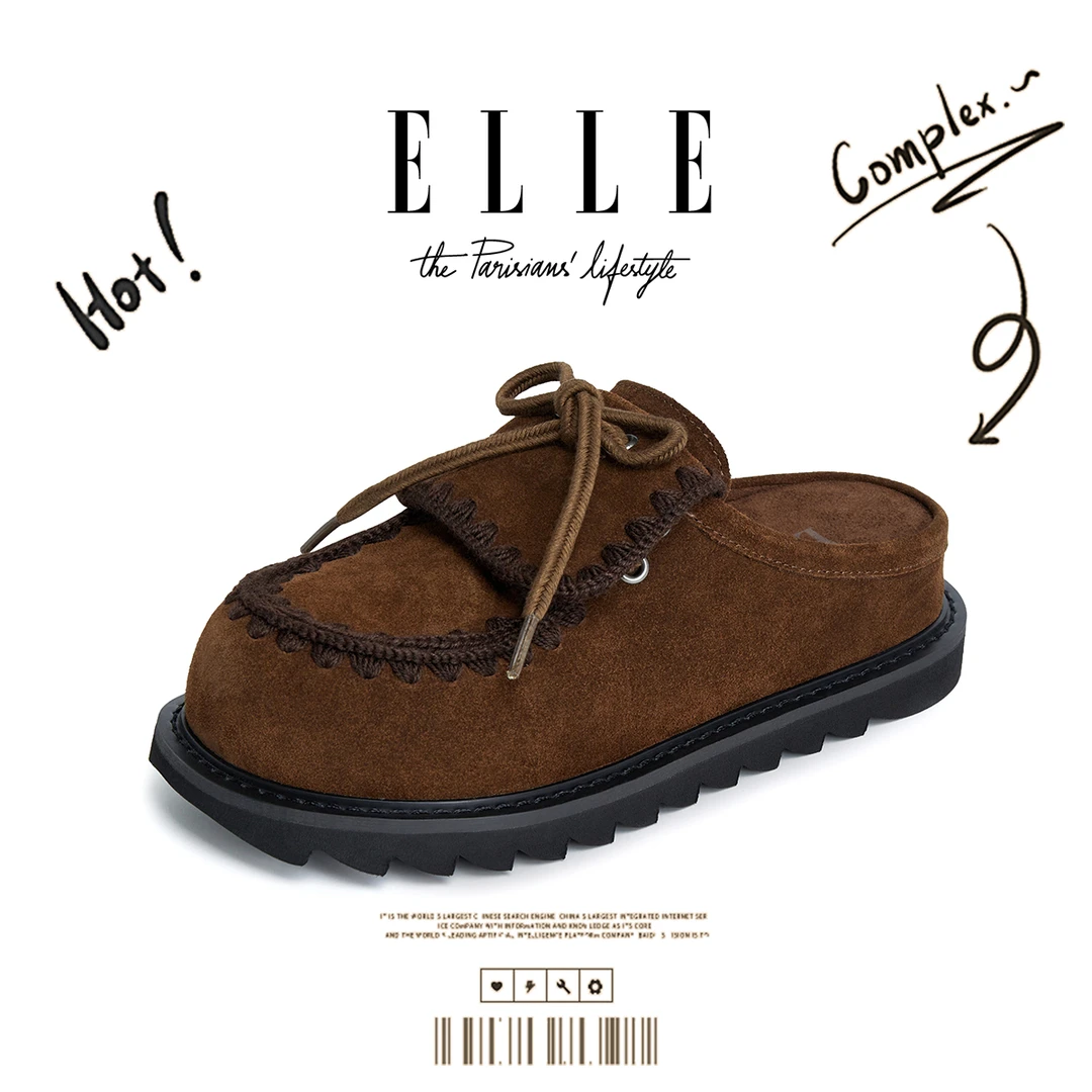 ELLE真皮袋鼠面包鞋女2025新款呆萌透气勃肯鞋系带时尚运动休闲鞋