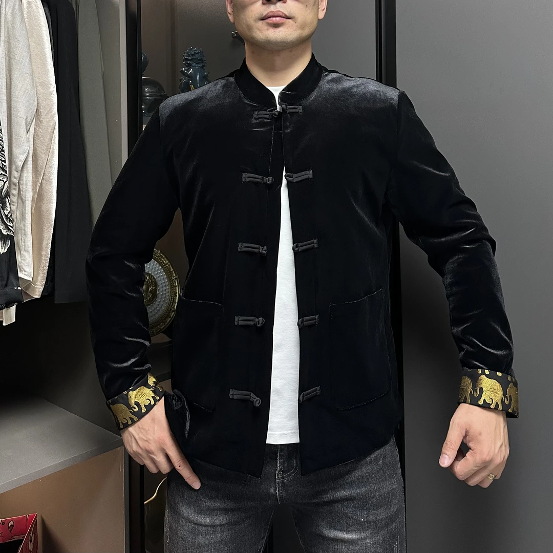 2025秋季新款男士丝绒长袖修身盘扣立领提花盘扣唐装版国风外套
