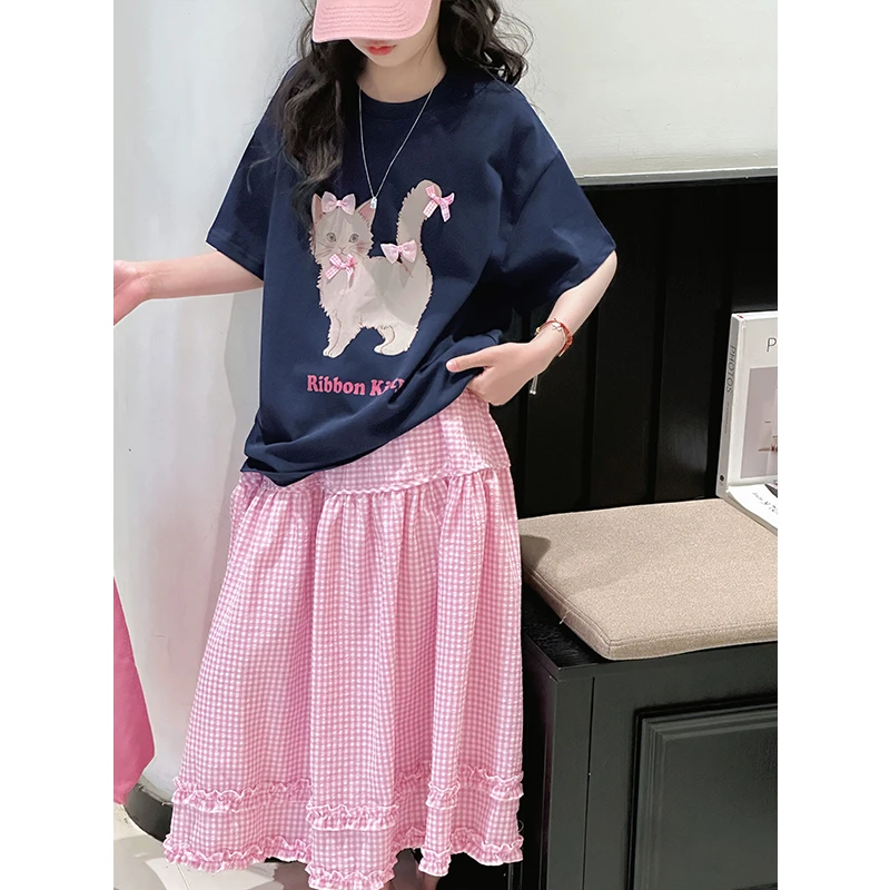 K28802蝴蝶结女童短袖套装裙2025新款夏装儿童裙子女大童两件套潮