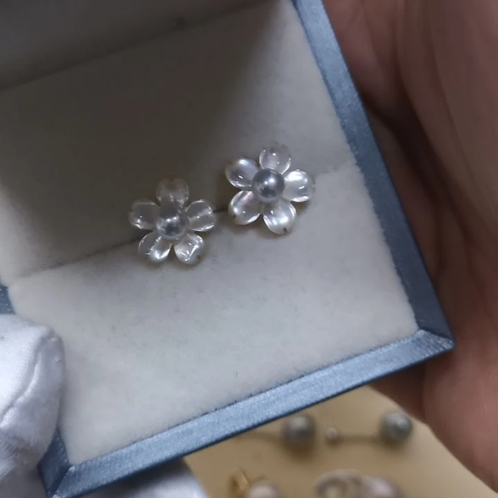 淡水珍珠耳饰银S925镶嵌叶*