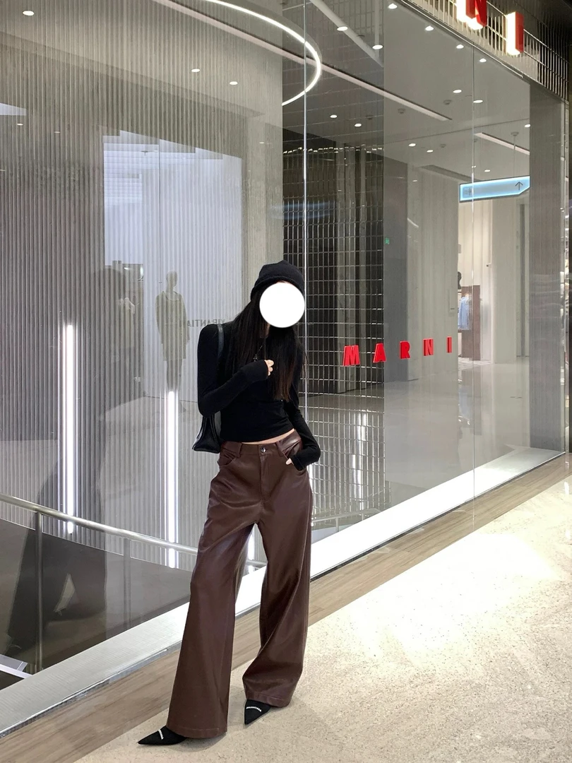 【氧气雨】区区欧* 变色PU皮休闲裤女宽松阔腿裤复古长裤