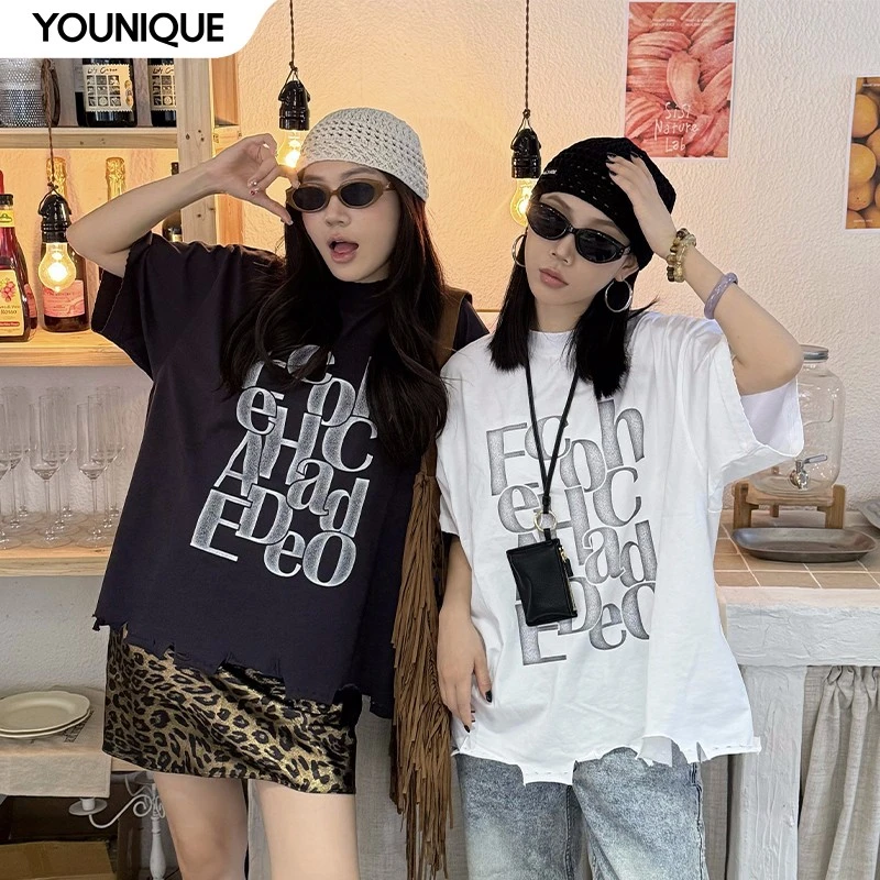 【ECHOADE】新品25春夏时尚宽松水洗字母印花T恤短袖女