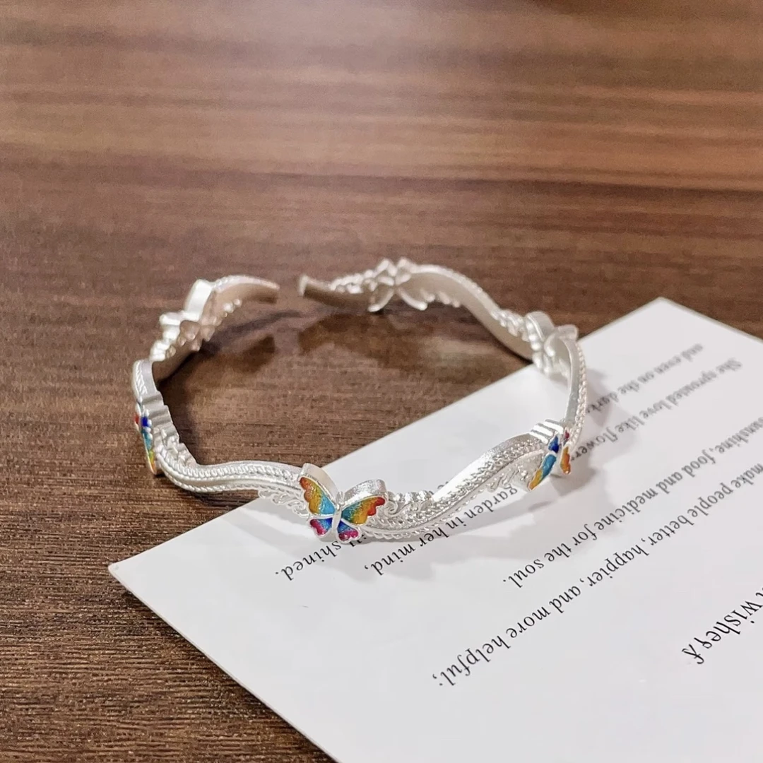 足银珐琅手镯 彩蝴蝶蓝翼999纯银手镯可调节素款复古银镯子送礼物