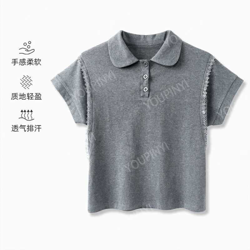 短袖T恤女2025夏季新款POLO翻领花边拼接设计感显瘦百搭时尚上衣