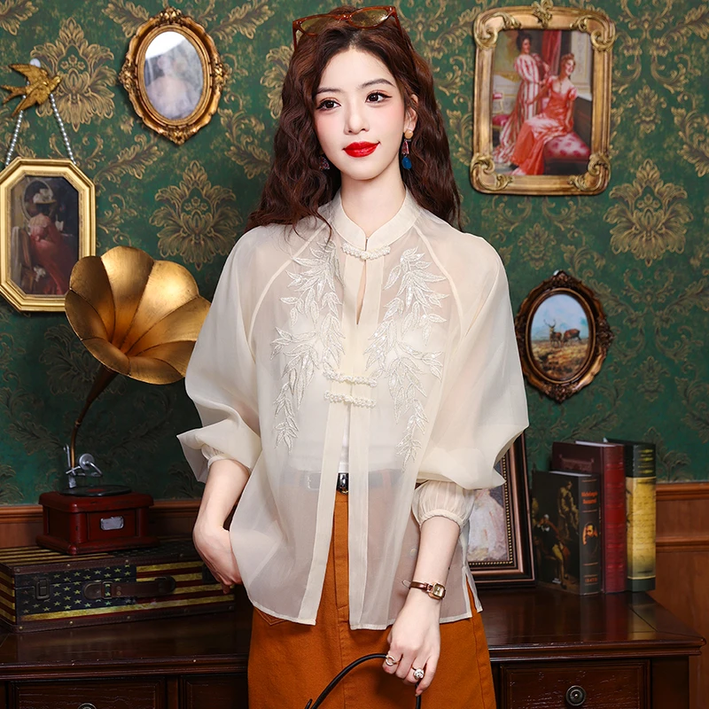 新中式国风刺绣盘扣雪纺衬衫女士夏季防晒衣薄纱外穿长袖开衫上衣