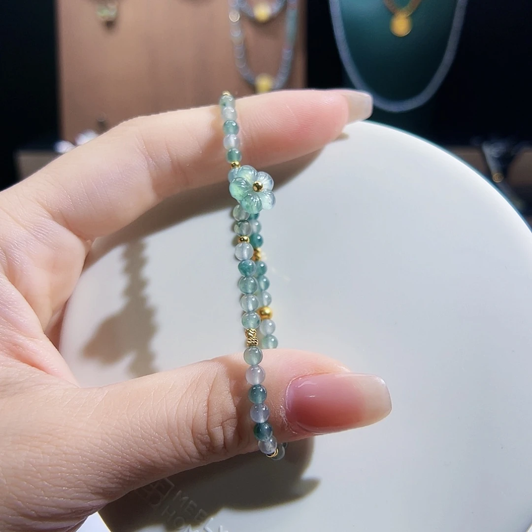 足金镶嵌手链翡翠缅料小米珠飘花