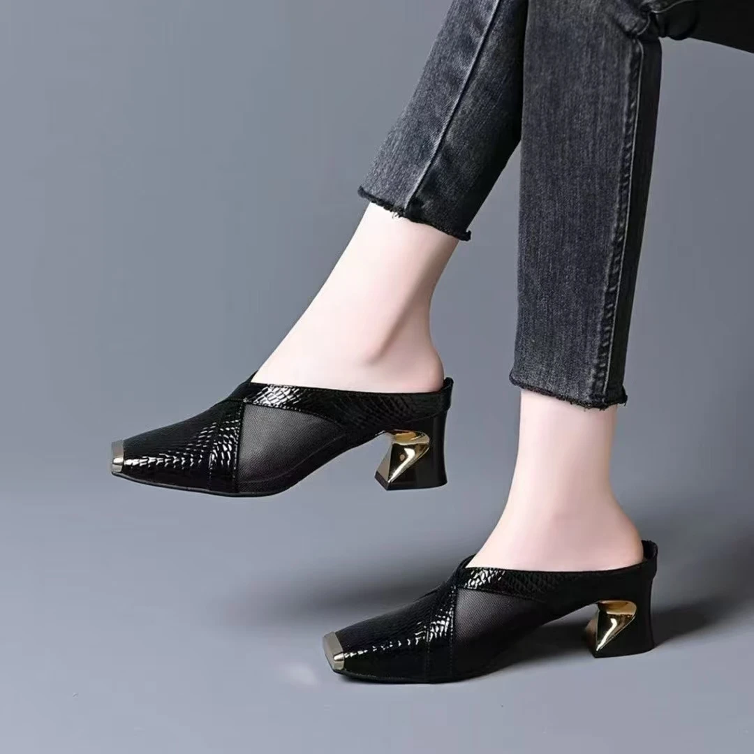 【商场撤柜】软皮包头半L拖鞋女2025新款夏季外穿时尚尖头高跟网纱