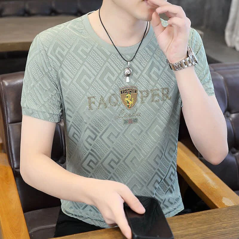 高档男士冰丝短袖t恤夏季新款圆领半袖上衣修身百搭透气冰爽体恤