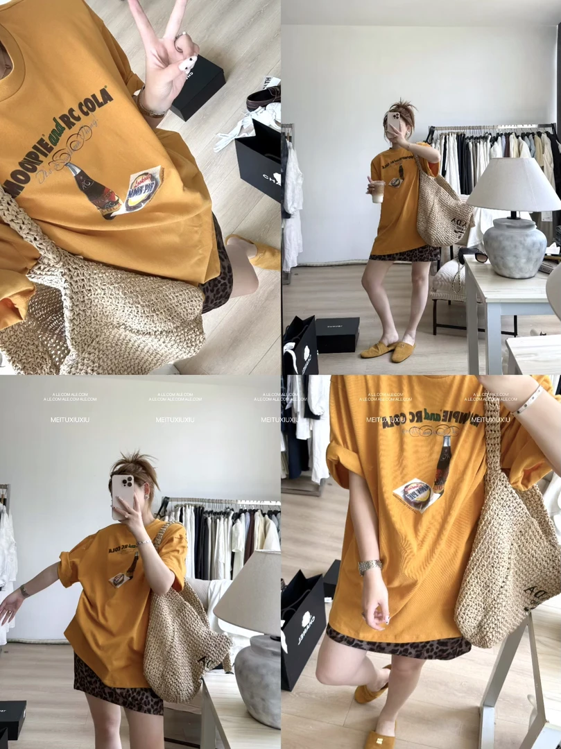 【阿乐家】大码微胖“可乐汽水”美式街头风数码印花宽松垫肩T恤