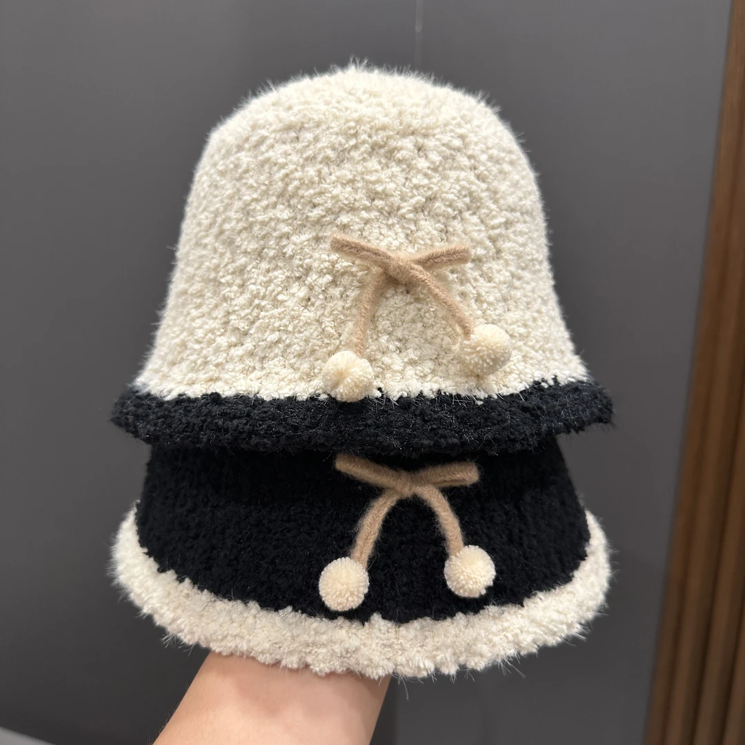 【甜美穿搭】儿童帽女童秋冬季毛绒保暖渔夫帽超萌可爱蝴蝶结水桶帽