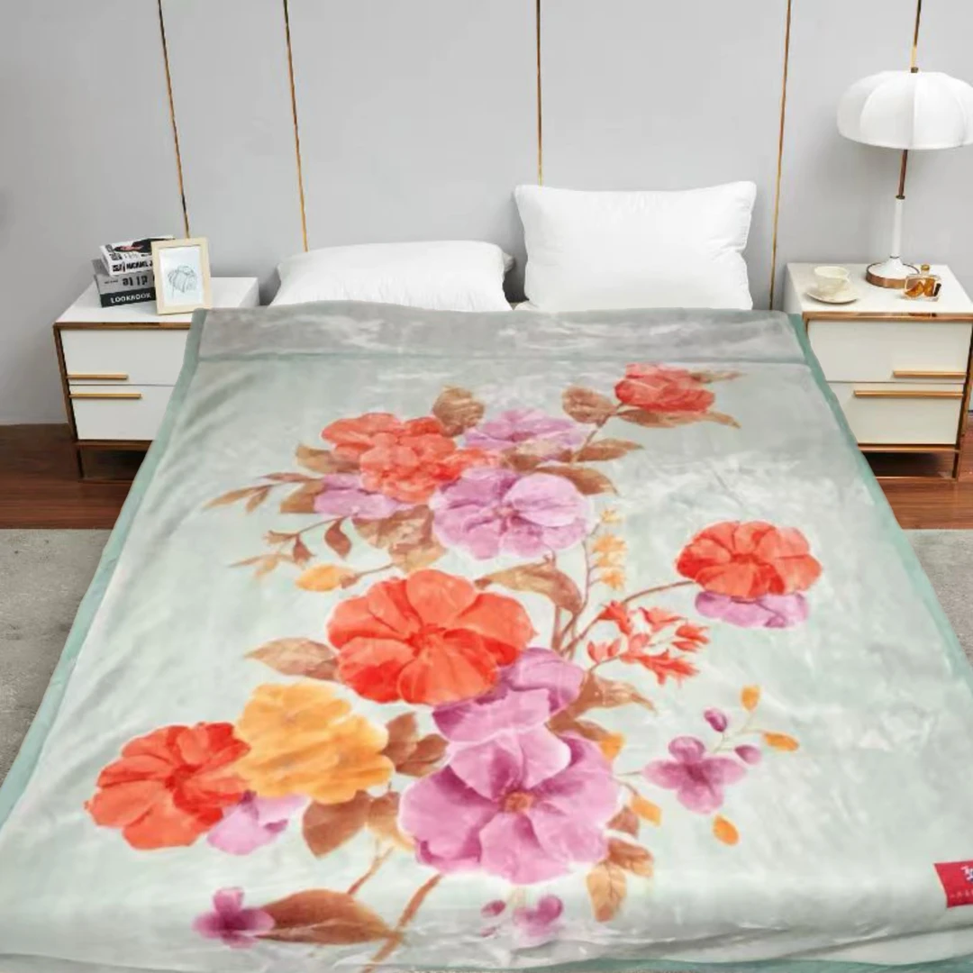 200*230cm 薄荷绿橙花 双层  多功能云毯毛毯双面奶绒