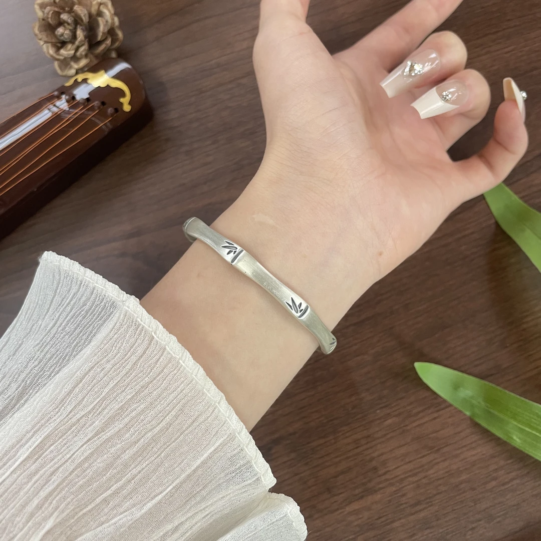 足银手镯 足银手镯可调节镯子竹节复古开口手镯足银999.9手工磨砂