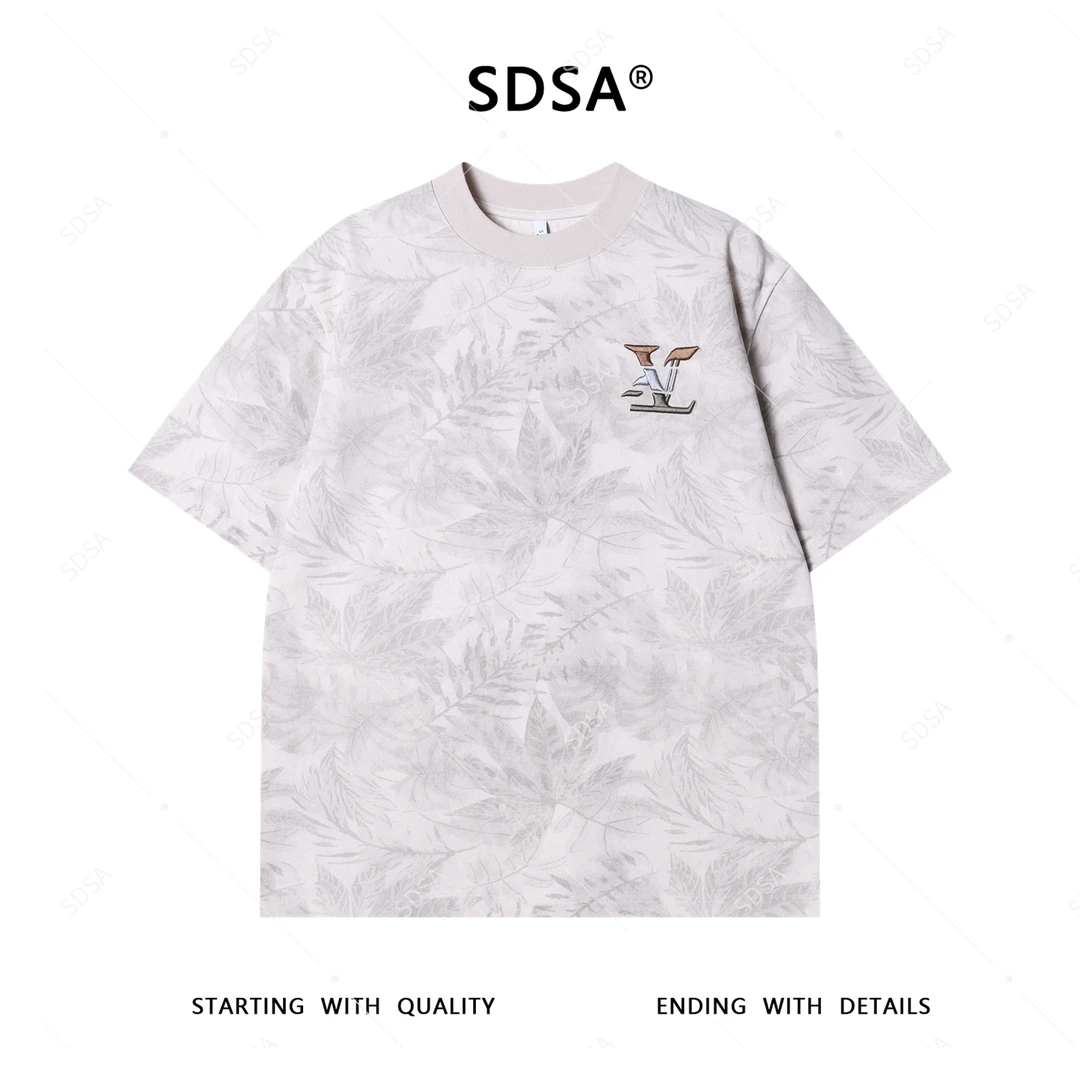 夏季高级感新款男士美式撞色贴布刺绣设计短袖T恤复古圆领上衣潮