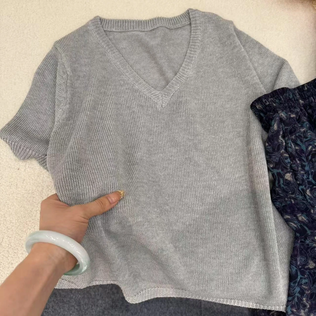 【赠运费补贴】和纸纱~2025春款韩版时尚v领短袖针织衫短袖灰色371