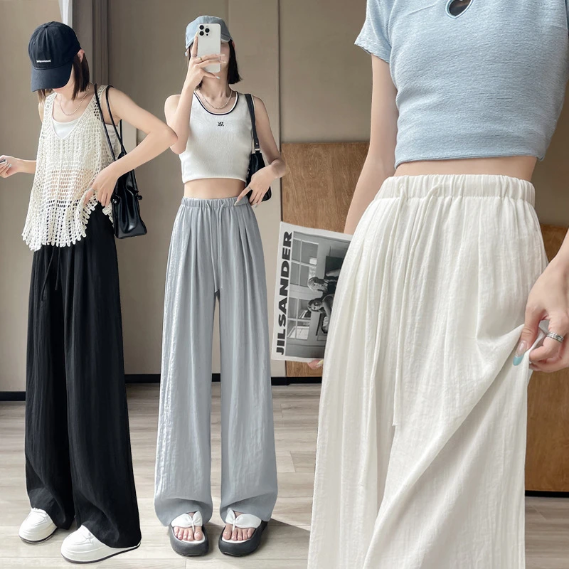 夏季宽松松弛棉麻阔腿裤女2025年白色亚麻裤子薄款松紧腰休闲拖地