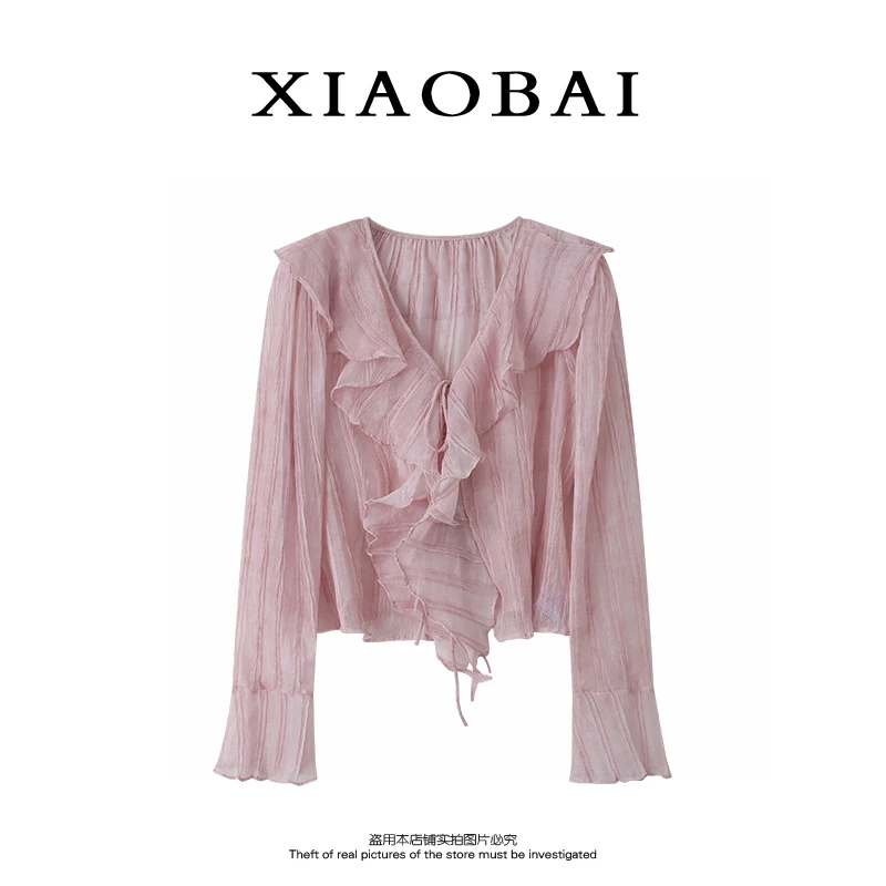 XIAOBAI 法式荷叶边雪纺衫早秋V领设计感长袖衬衫小众轻薄上衣女