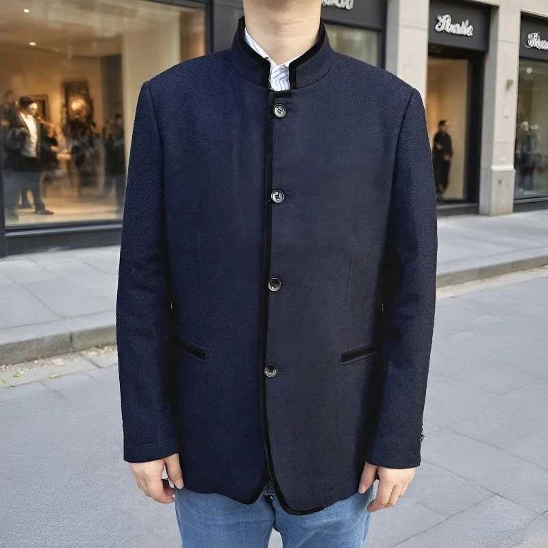 JD14682-1 羊毛54.6% 棉45.4% 秋冬男士羊毛便西高端毛呢外套深蓝