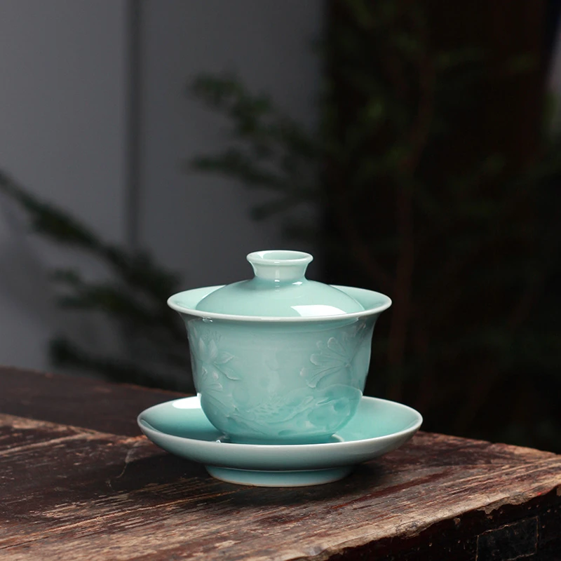 龙泉窑卢伟孙青瓷手捏鳜鱼盖碗 高档三才盖碗 收藏送礼中式茶具