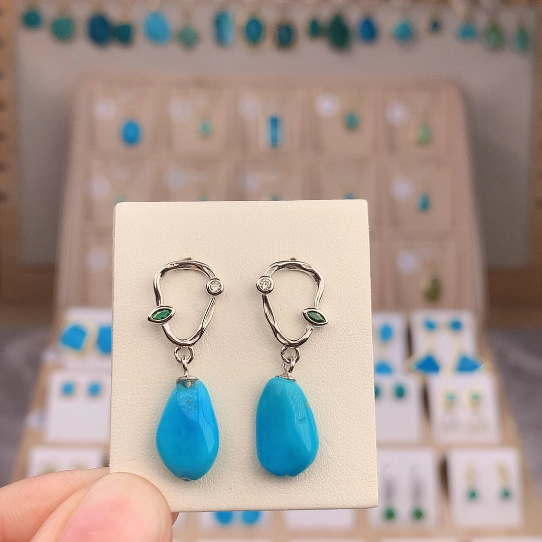 绿松石银S925镶嵌耳饰