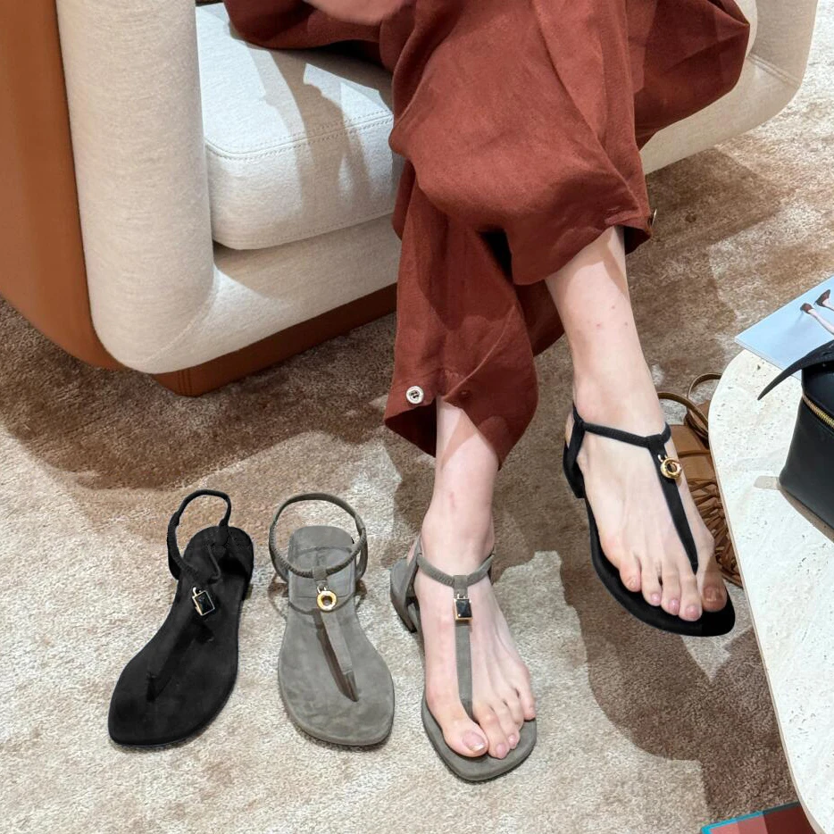 羊皮版~复古金属扣夹趾平底凉鞋女性感一字带百搭罗马沙滩拖鞋女