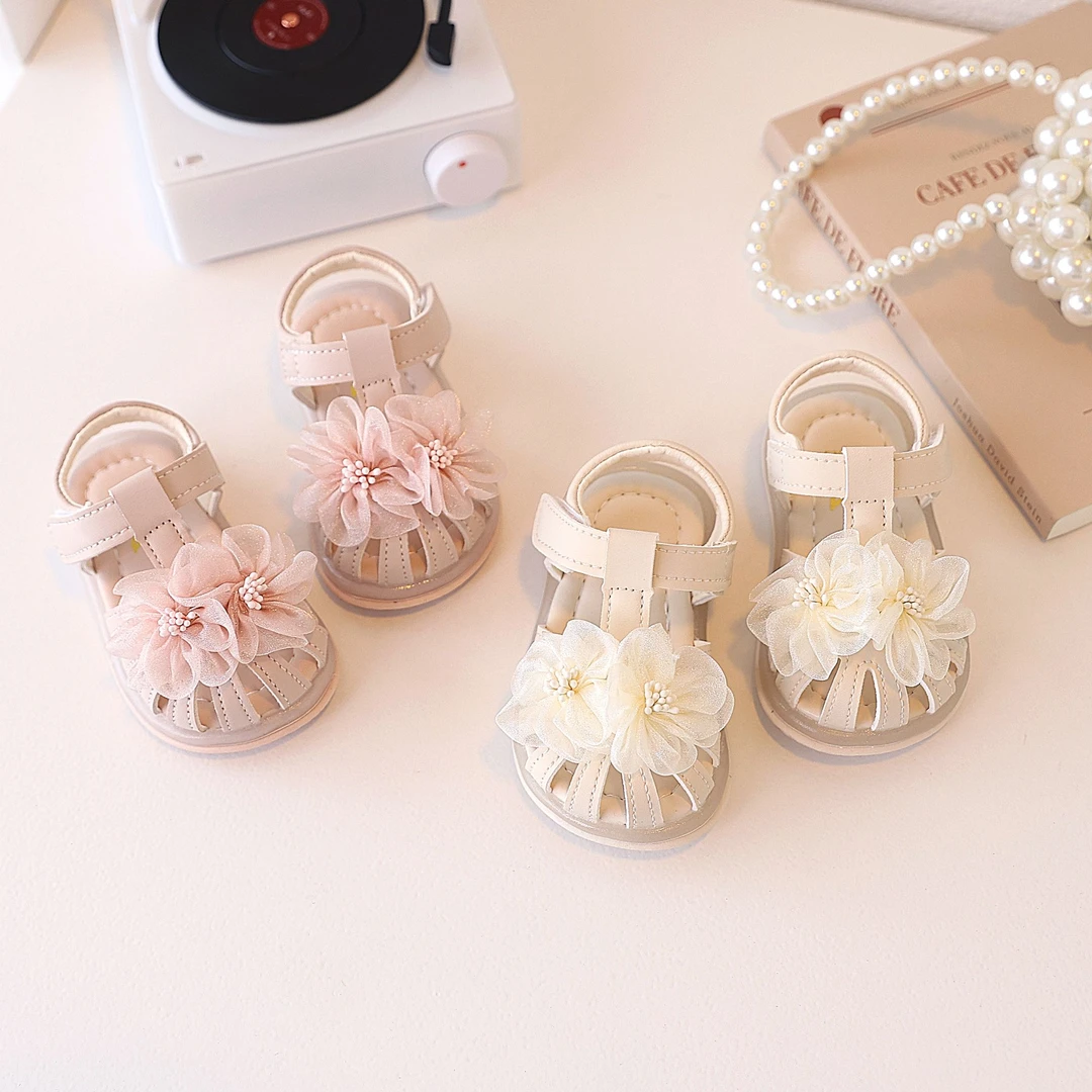 女小童包头软底山茶花凉鞋公主风童鞋幼儿女孩镂空夏季沙滩鞋