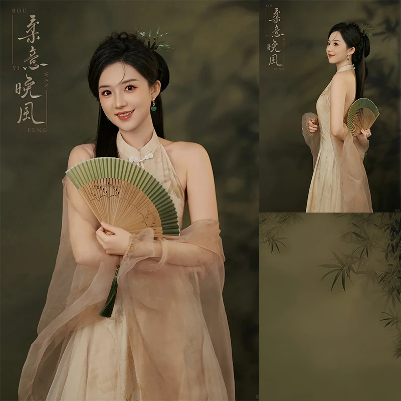 影楼古装风绿色竹子摄影背景纸抖音直播间室内写真拍照拍摄背景布