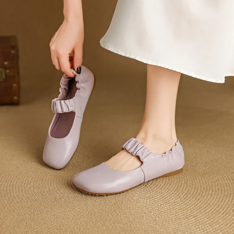学院风褶皱羊皮一字带玛丽珍小皮鞋软皮软底耙耙鞋方头平底单鞋女