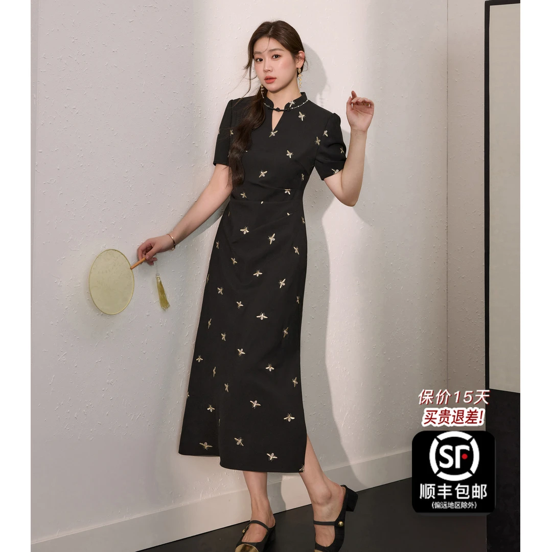 蓝语大码女装复古立体绣花黑色连衣裙2025夏季掐腰巨显瘦a字长裙