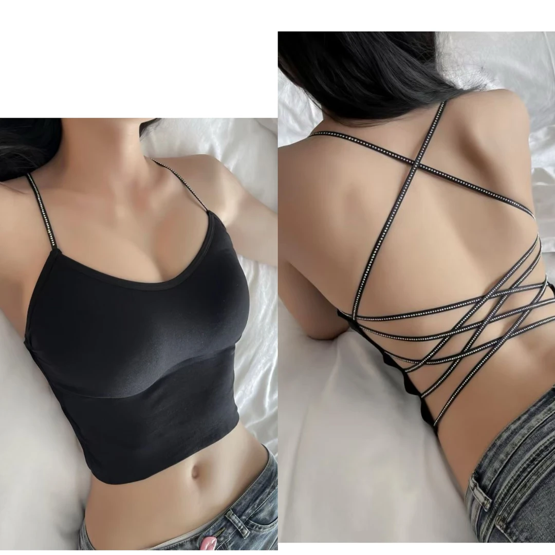 【茹哥】烫钻交叉设计感露背带胸垫背心文胸一体吊带美背