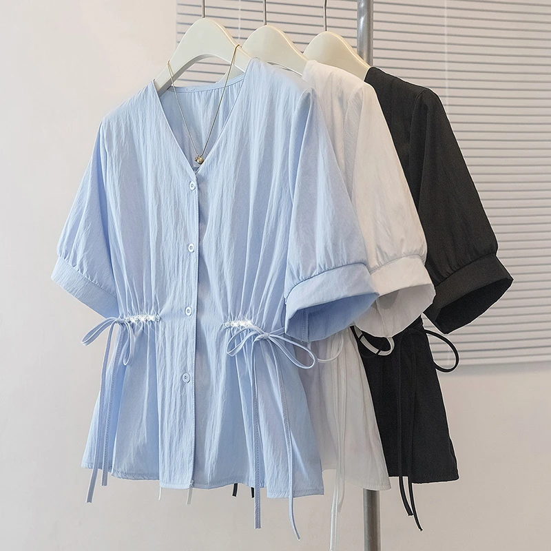 V领钉珠系带收腰短袖衬衫女春夏新款纯色休闲百搭气质减龄上衣女
