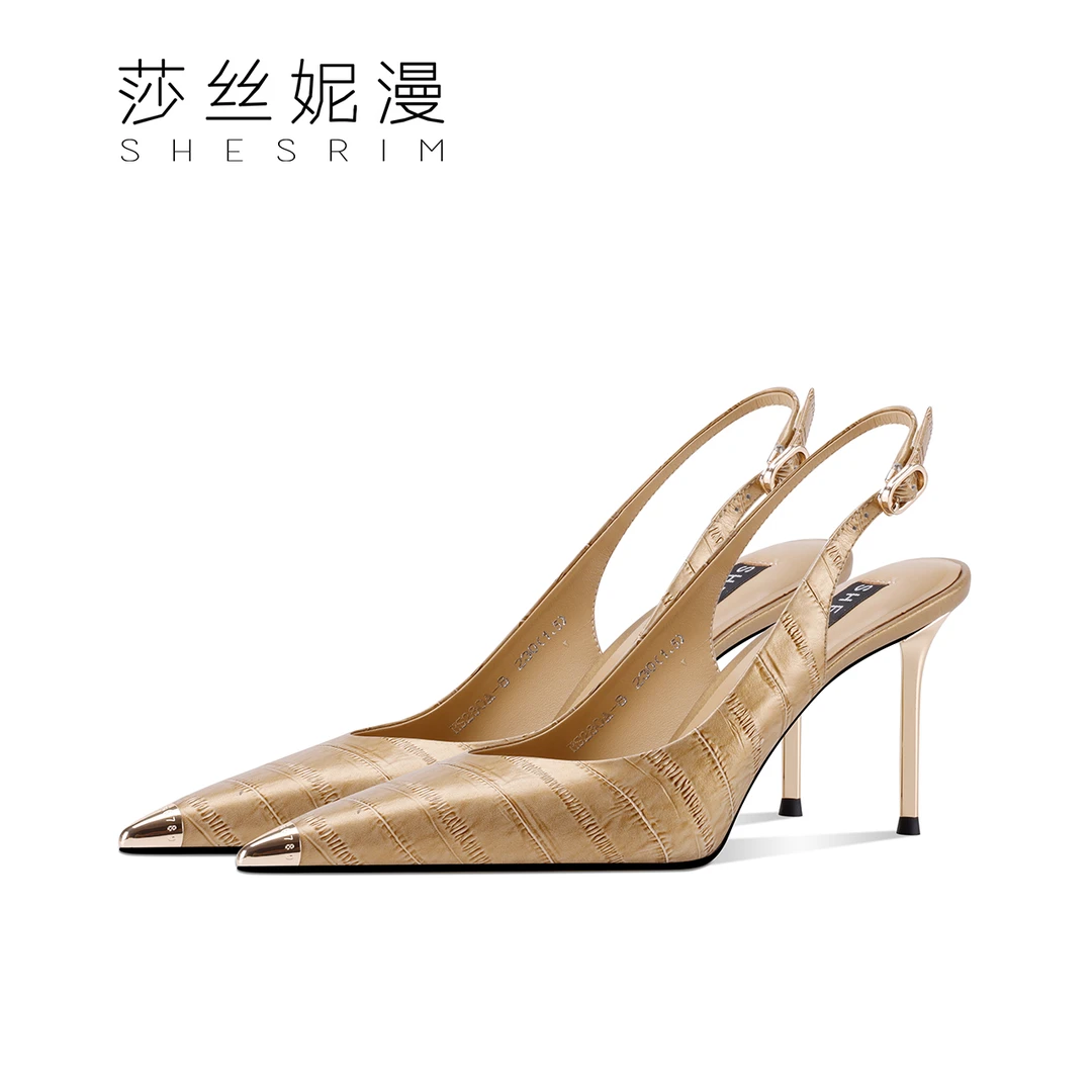 Z21-春夏款包头凉鞋低跟金色气质女人款跟高8cm女款尖头