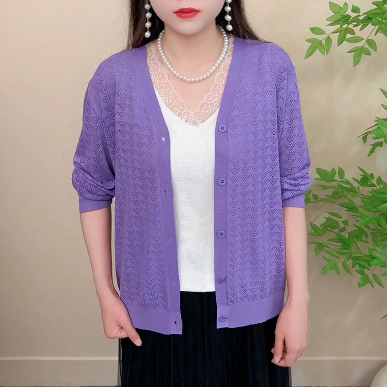 夏季新款针织镂空宽松冰丝长袖新款空调衫防晒衫时尚小衫薄款开衫