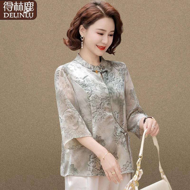 新中式妈妈夏装套装国风雪纺衬衫2025新款中老年春夏七分袖上衣女