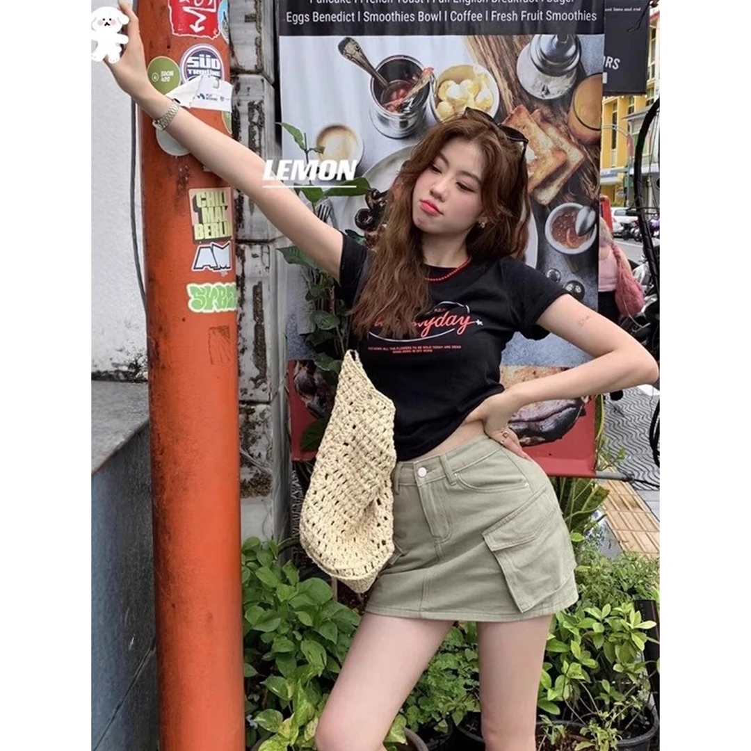 粉色字母印花正肩圆领短袖T恤女夏季修身显瘦短款泰式甜辣小上衣