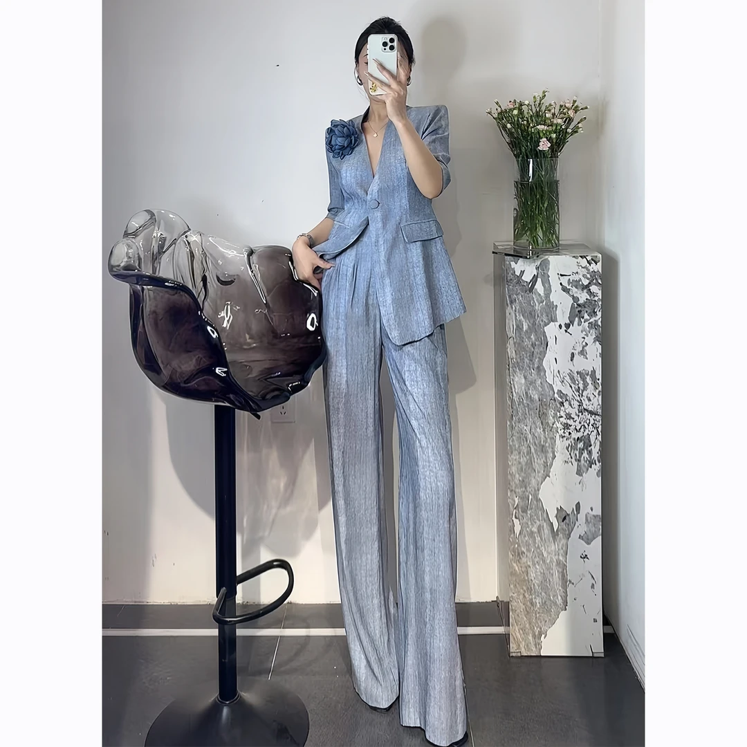 ZEROYK轻职场风时尚套装女2025夏季立体花朵西装阔腿裤通勤两件套