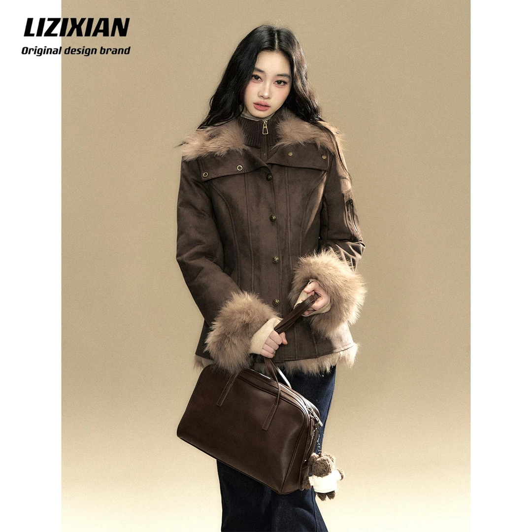 李梓仙LIZIXIAN原创双层门襟修身皮毛一体外套环保毛毛25冬季新款