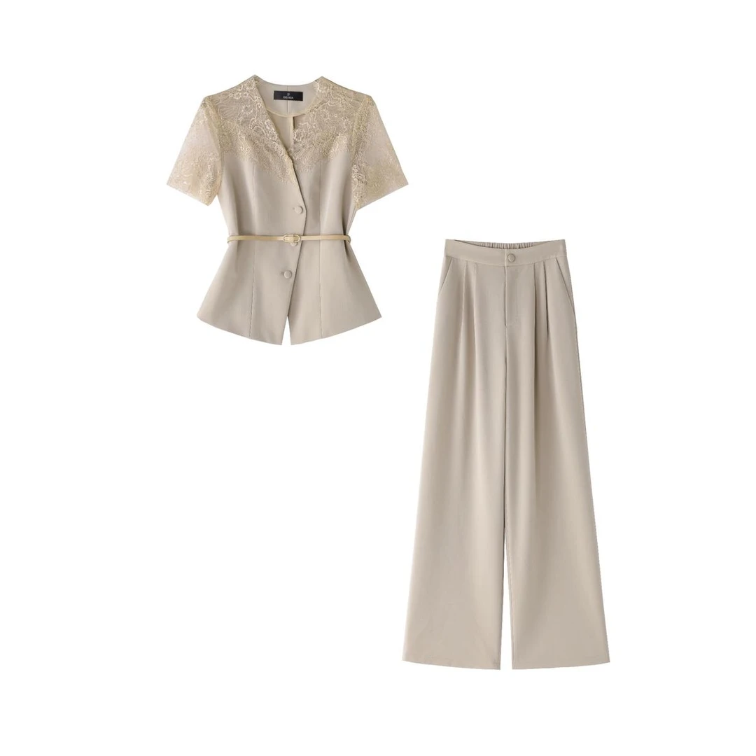 【纪朵研】863#休闲风时尚套装气质收腰西装上衣阔腿裤两件套