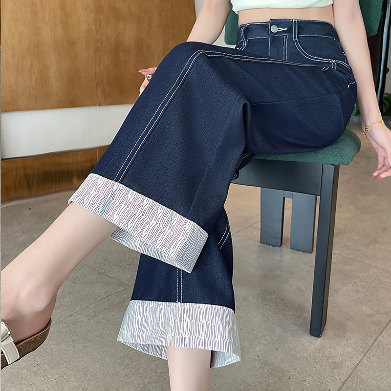 九分牛仔阔腿裤女夏季薄款2025年新款爆款高腰网红深色卷边直筒裤