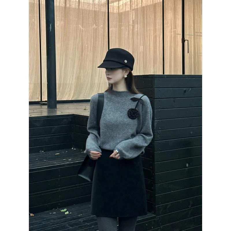 R123367W中长款毛针织衫套头长袖女针织花朵秋冬常规中袖
