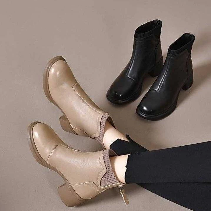 PLOVER真软皮2025秋冬新款英伦风厚底粗跟高跟瘦瘦短靴百搭马丁靴