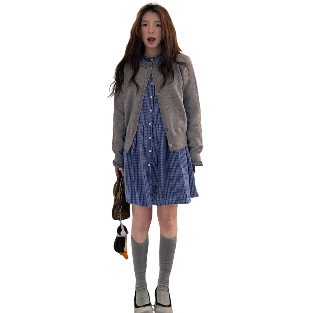 蓝色长袖格子衬衫连衣裙女早秋季2025新款韩系小个子穿搭一整套装