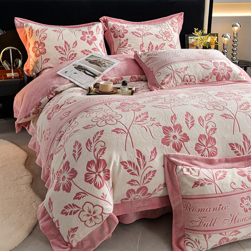 新款加厚雕花牛奶绒床盖四件套轻奢印花床单加绒保暖双面绒被罩