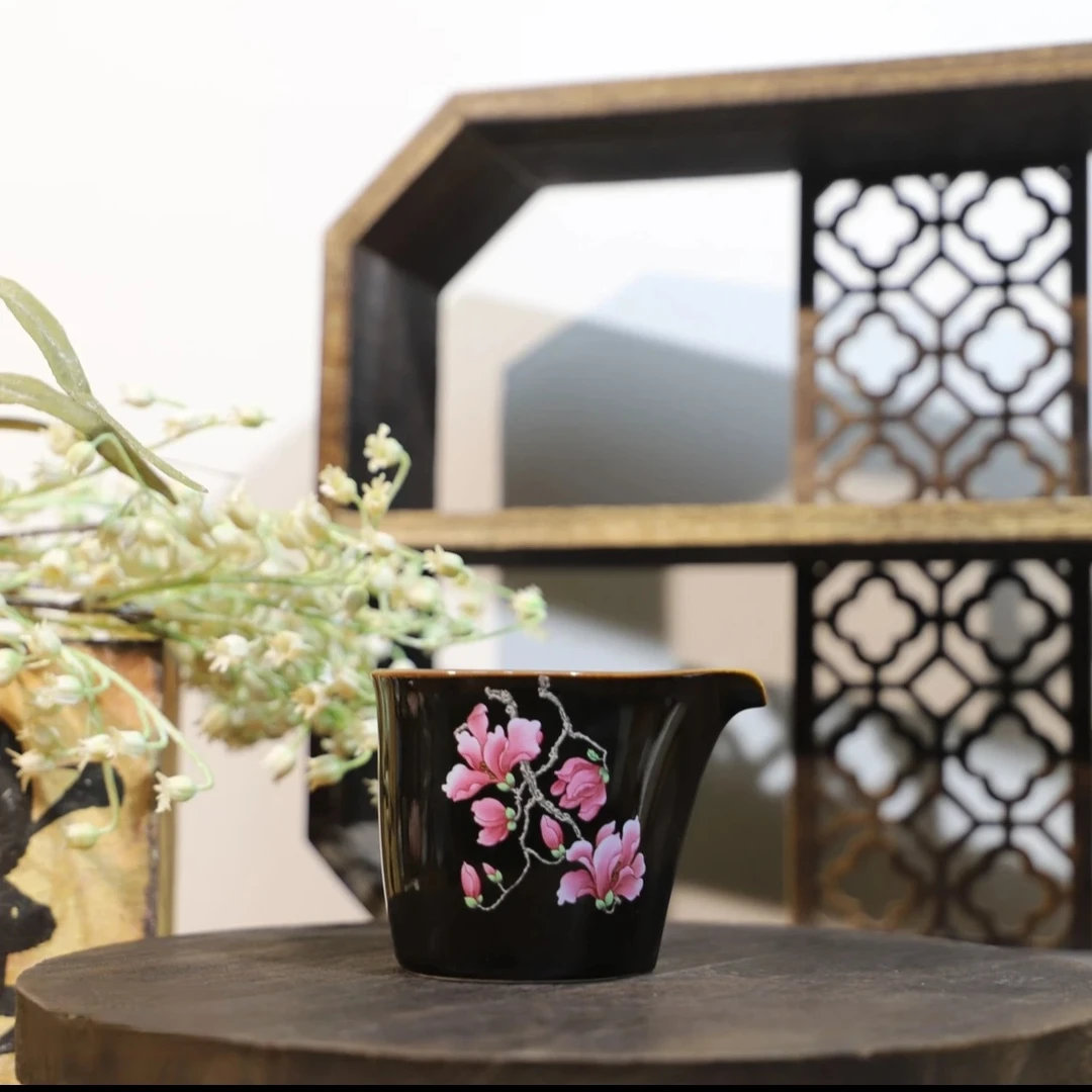 乌金釉粉色玉兰花公道杯茶海中式国风家用分茶器陶瓷女士功夫茶具