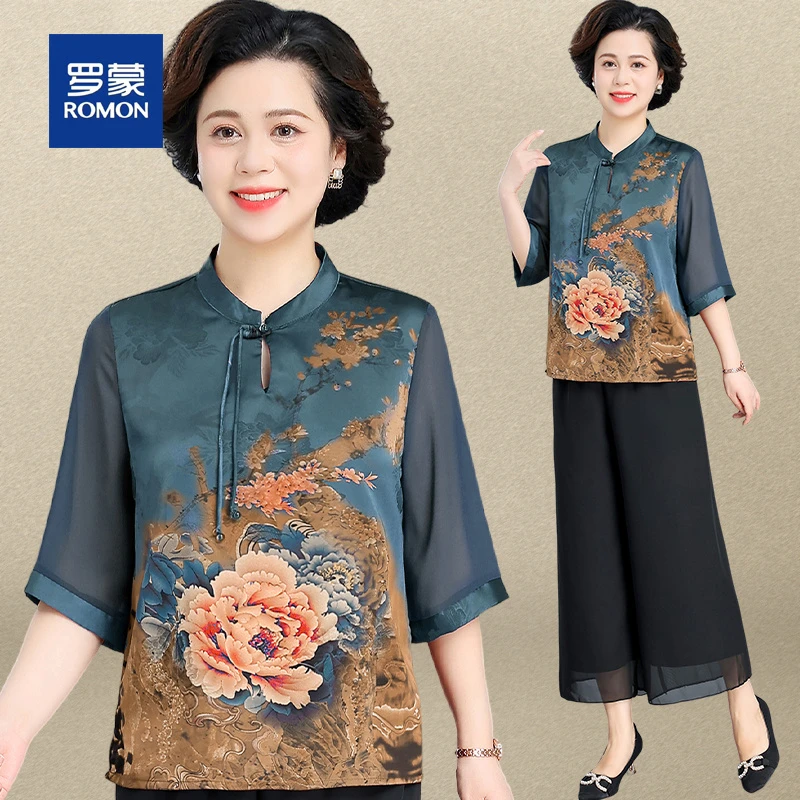 罗蒙中老年妈妈夏装套装女新款新中式雪纺衫奶奶夏季老太太上衣