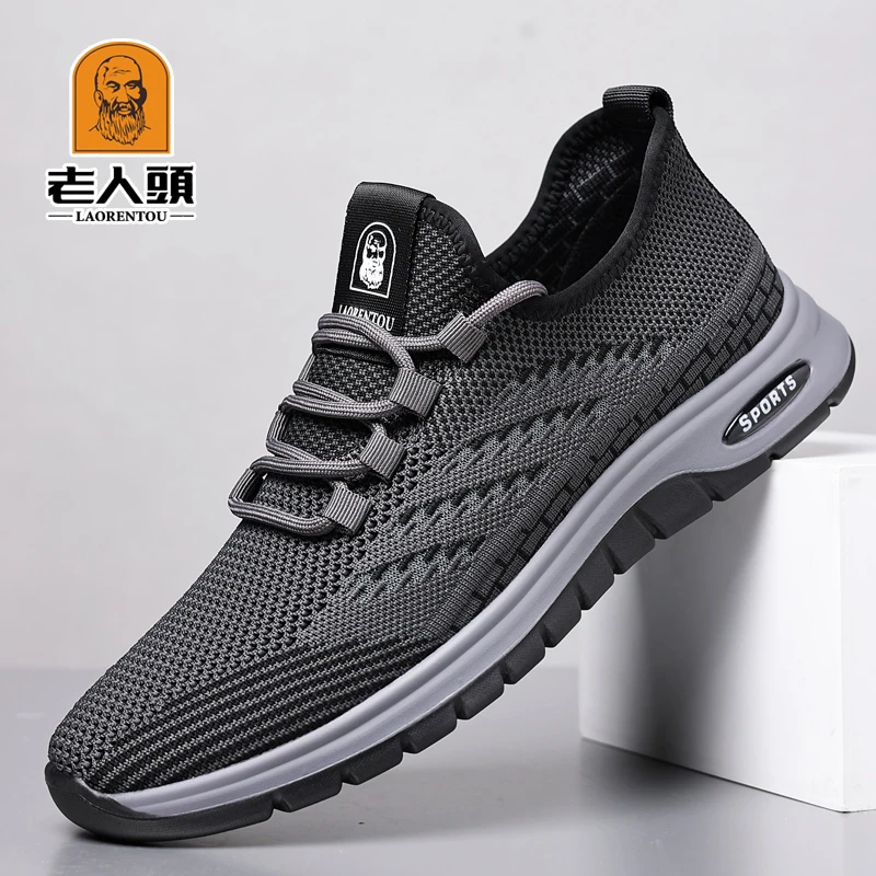 老人头男鞋夏季新款透气网面飞织男士休闲鞋运动跑步软底轻便鞋