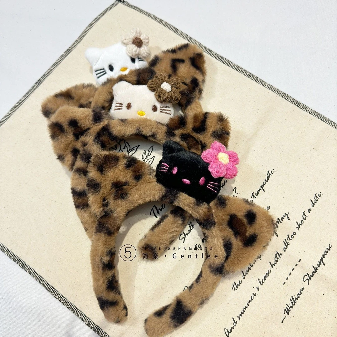公主风黑皮凯蒂猫猫耳朵豹纹毛绒发箍女洗脸化妆头箍卡通发箍发饰