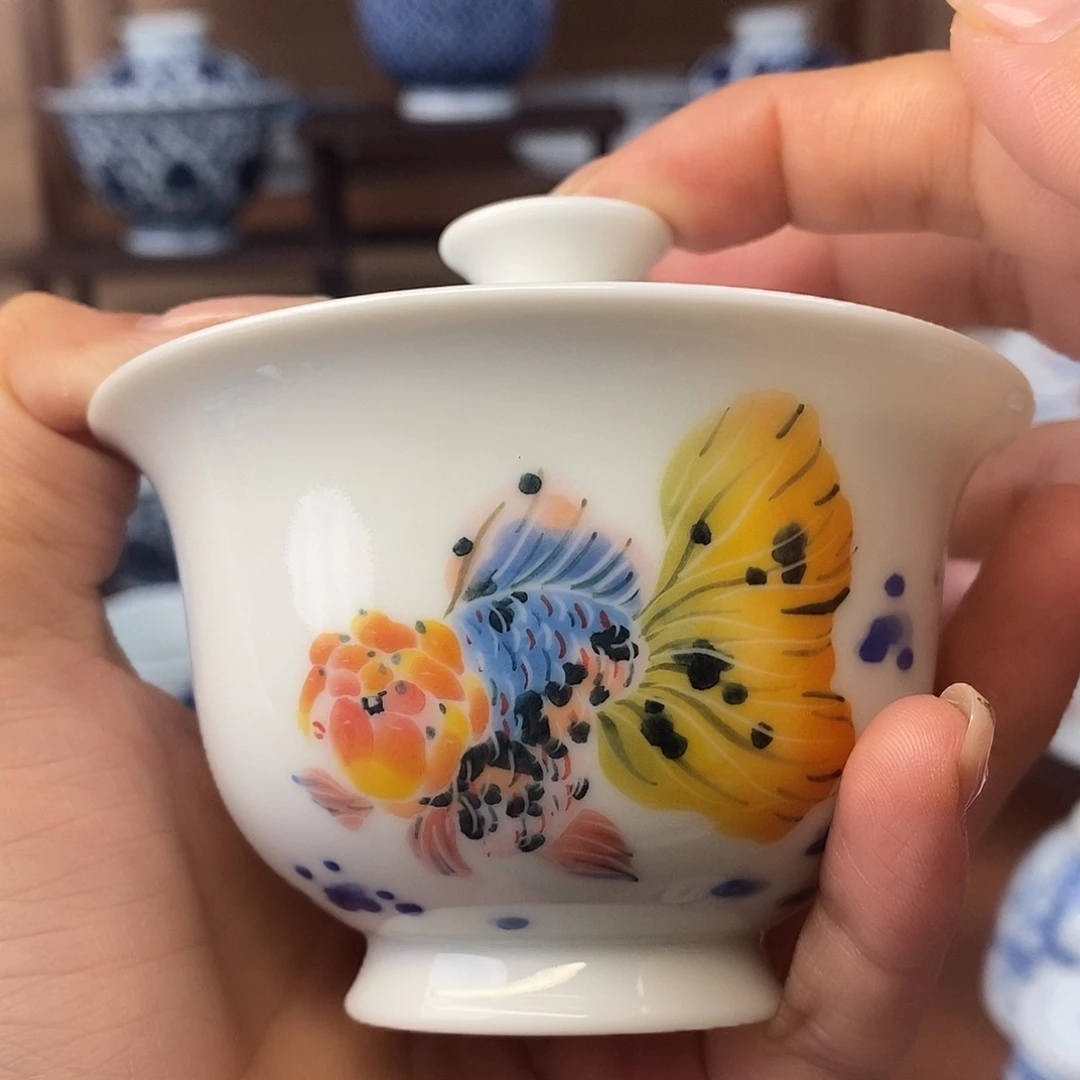 泥藝瓷梦兰寿金鱼岩茶盖碗