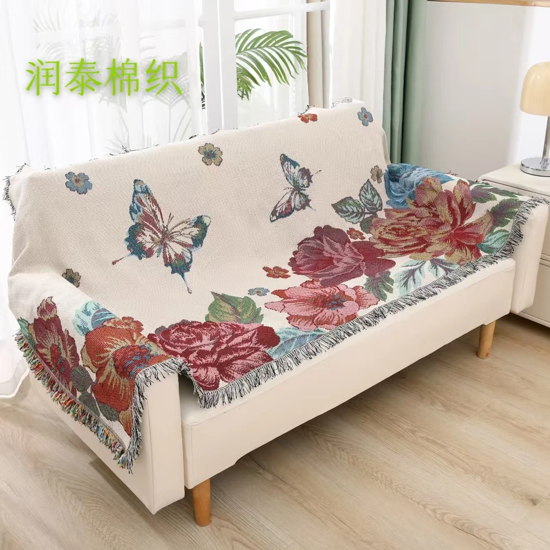【蝶恋花】90x90cm单人位加厚沙发巾靠背巾四季可用桌毯茶毯棉麻