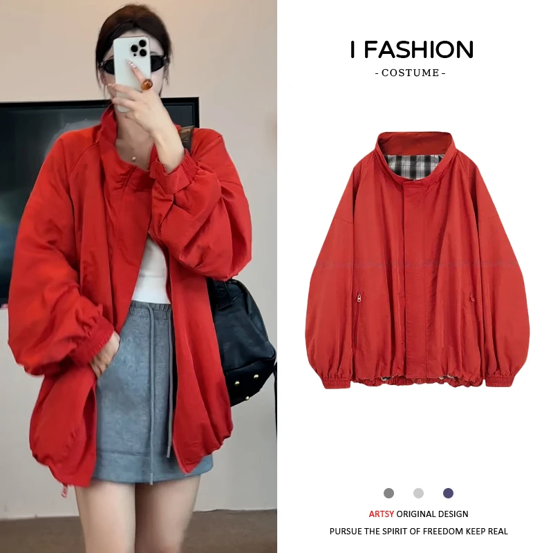 慵懒风时尚拉链短外套女2025年春秋新款韩版宽松百搭立领夹克上衣